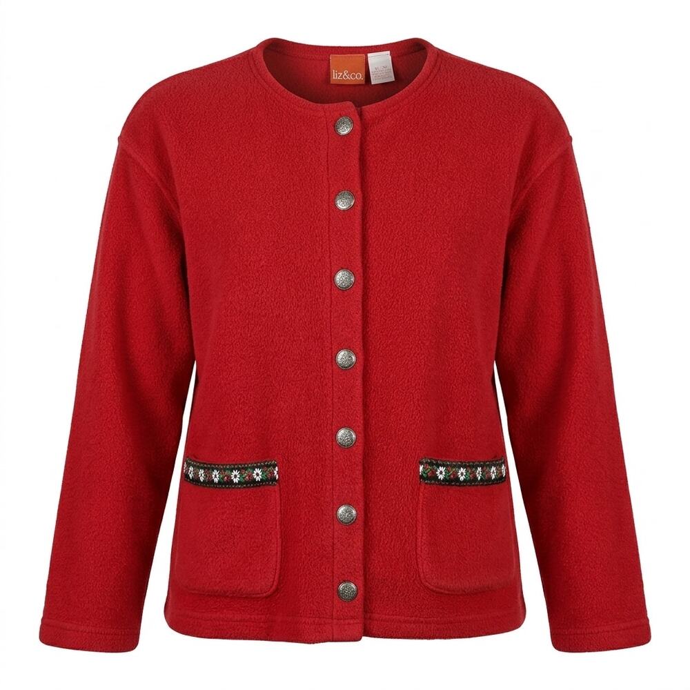 Vintage Liz & Co . Red Fleece Tyrolean Cardigan Sweater Women Size XS